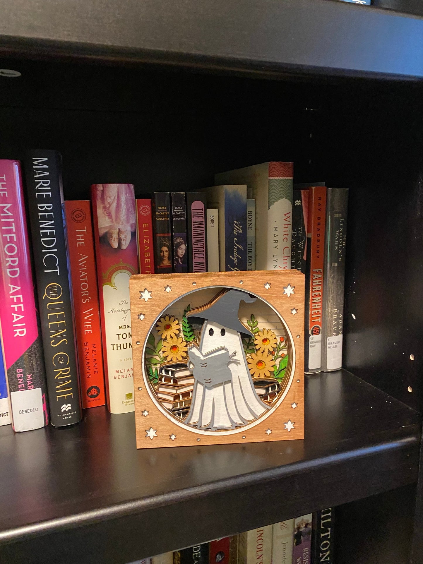 14-Layer Ghost Shelf Sitter – Hand-Painted & Clear-Coated Halloween Décor (5.5”)