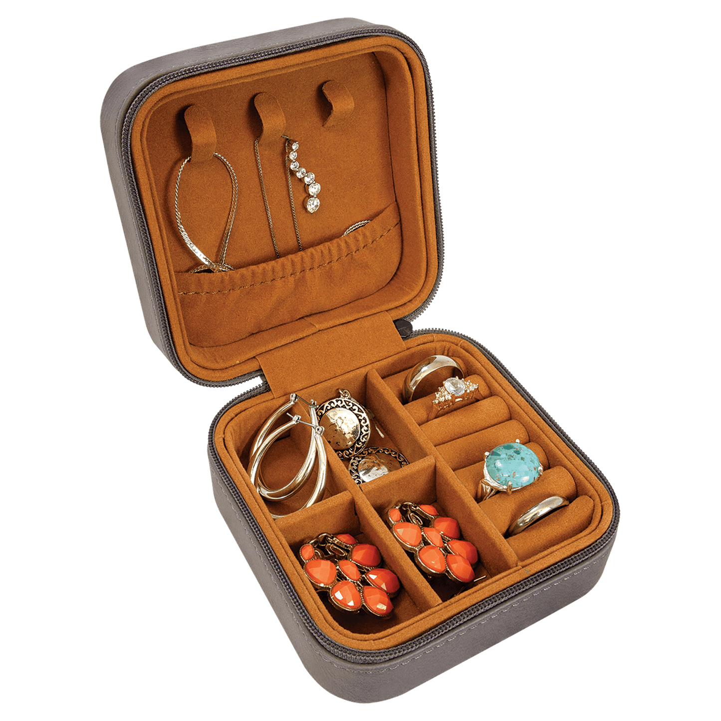 4" X 4" Gray Laserable Leatherette Travel Jewelry Box with Tan Lining