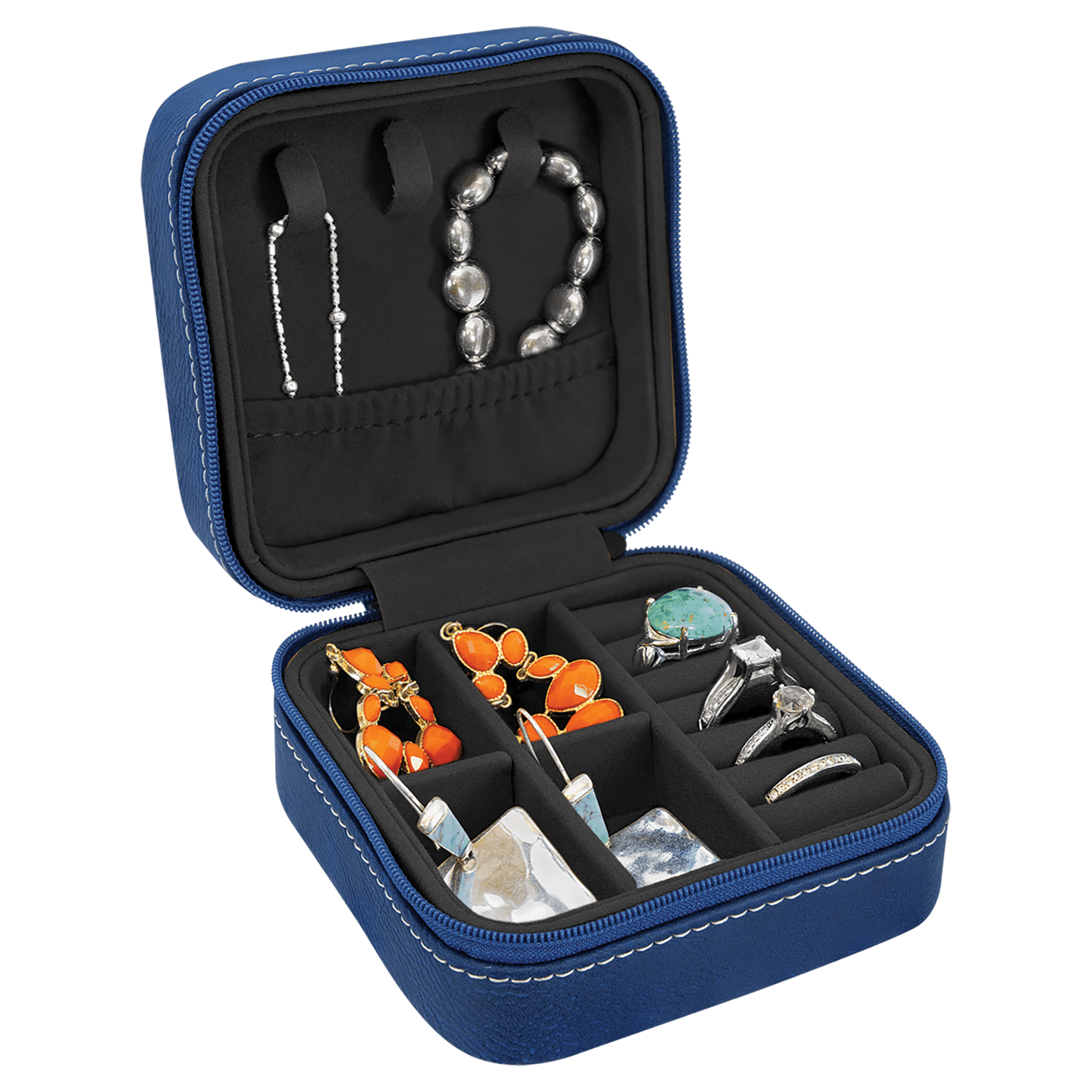 EngraveElite Vegan Leather Travel Jewelry Box - Black, Blue|Silver