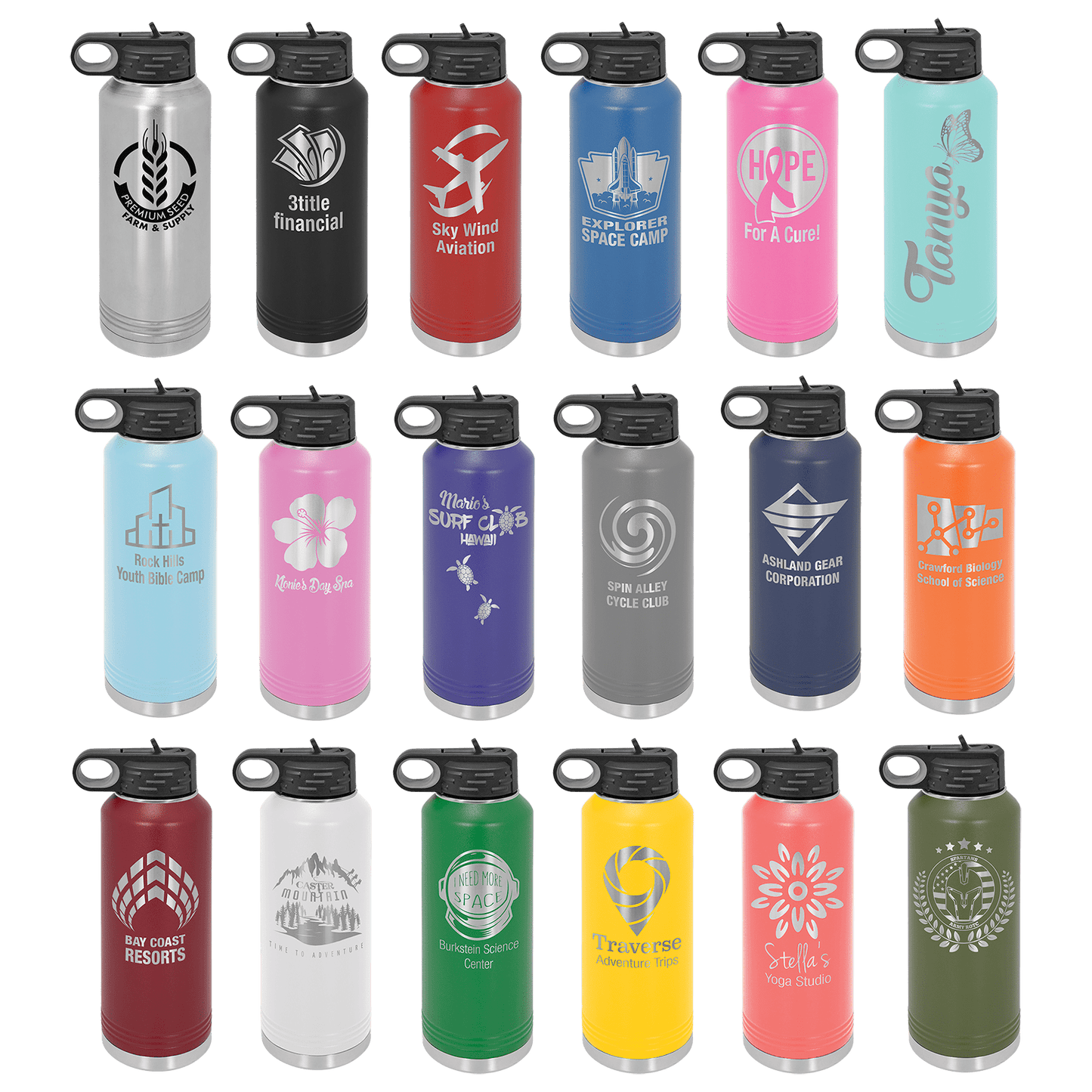 Collection of personalized water bottles with various designs and colors on a green background
