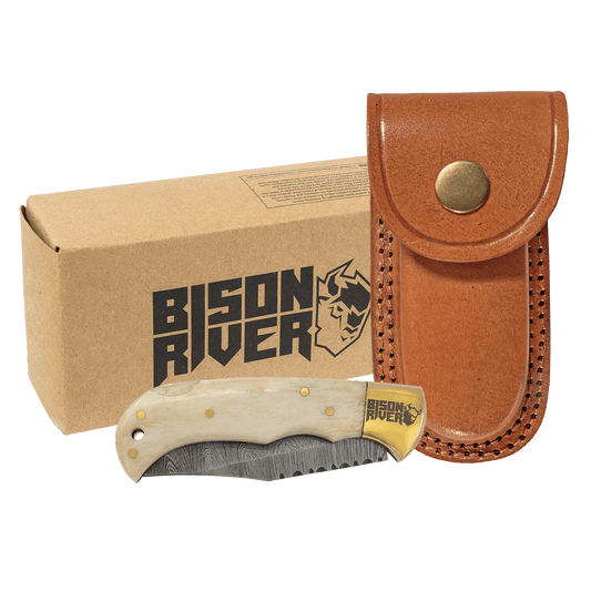 Bison River 3-3/4" Bone Folding Knife with Damascus Steel Blade and Leather Sheath