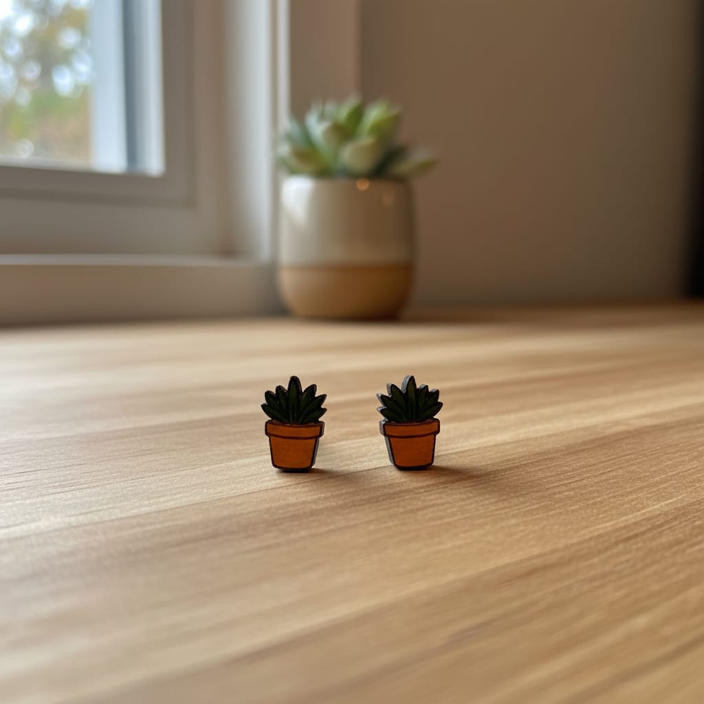 A pair of small succulent stud earrings mounted on a brown kraft display card, placed on a dark wood surface.