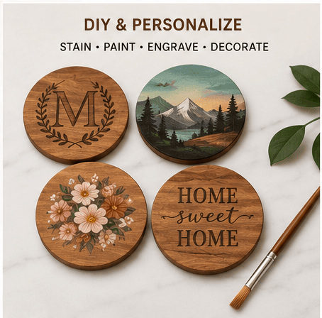 Examples of personalized acacia wood coaster designs