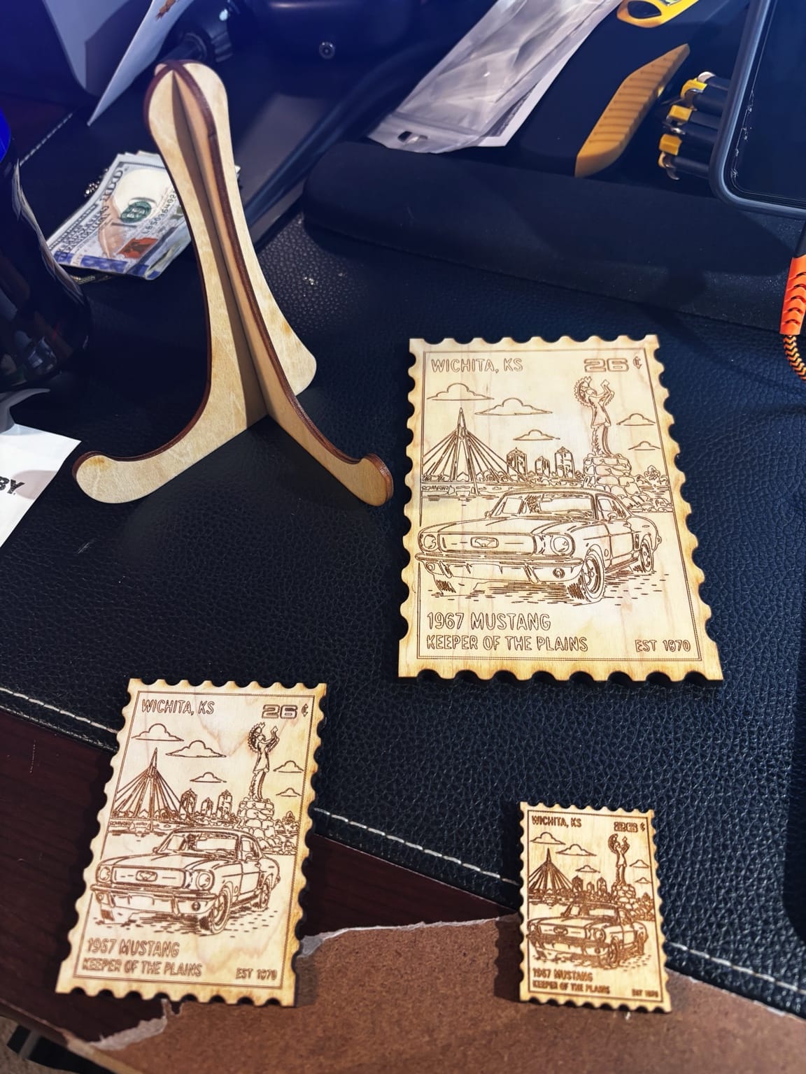 Laser engraved maple Wichita 2026 collectible stamp in display plaque and magnet sizes with wood easel