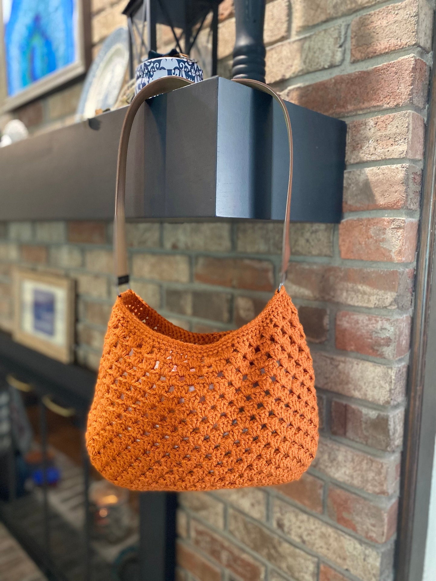 Burt Orange Crocheted Bag with Leather Strap