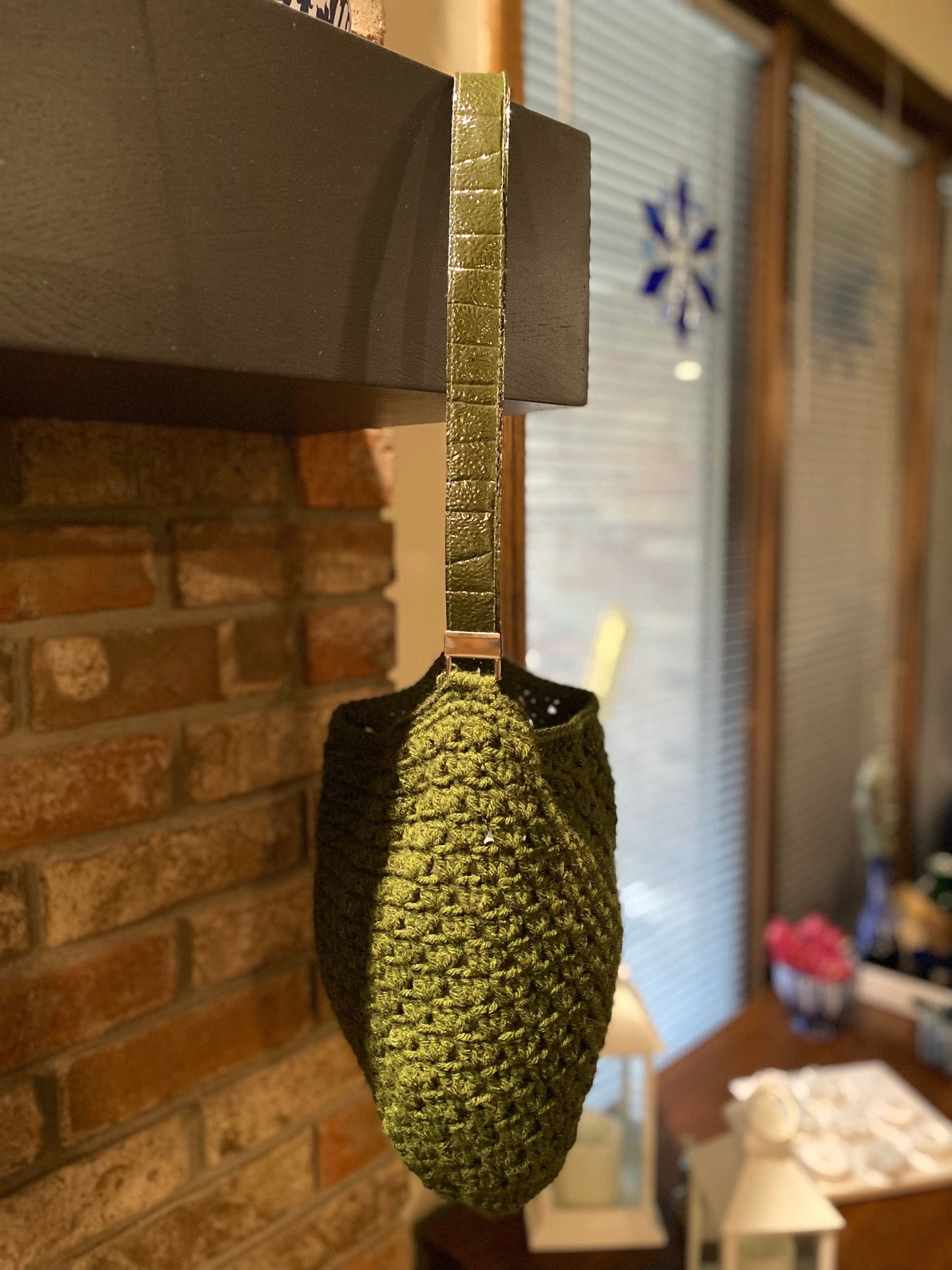 Dark Olive Green Crocheted Bag with Faux Leather Strap