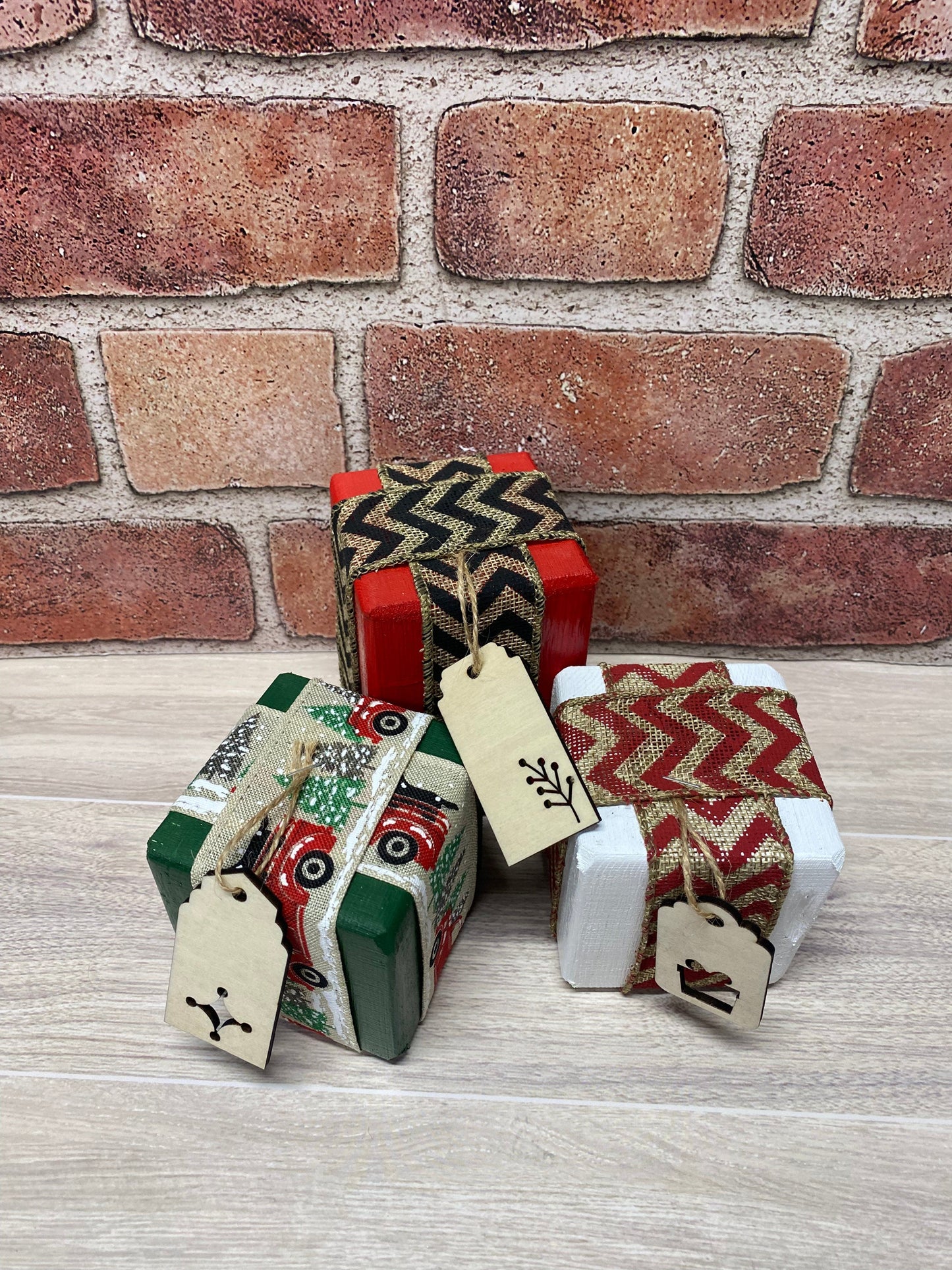 3 wooden presents with laser cut gift tag