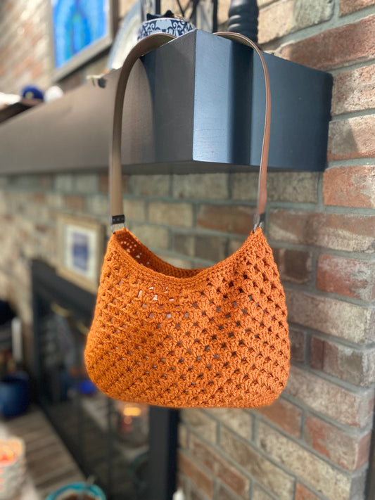 Burt Orange Crocheted Bag with Leather Strap