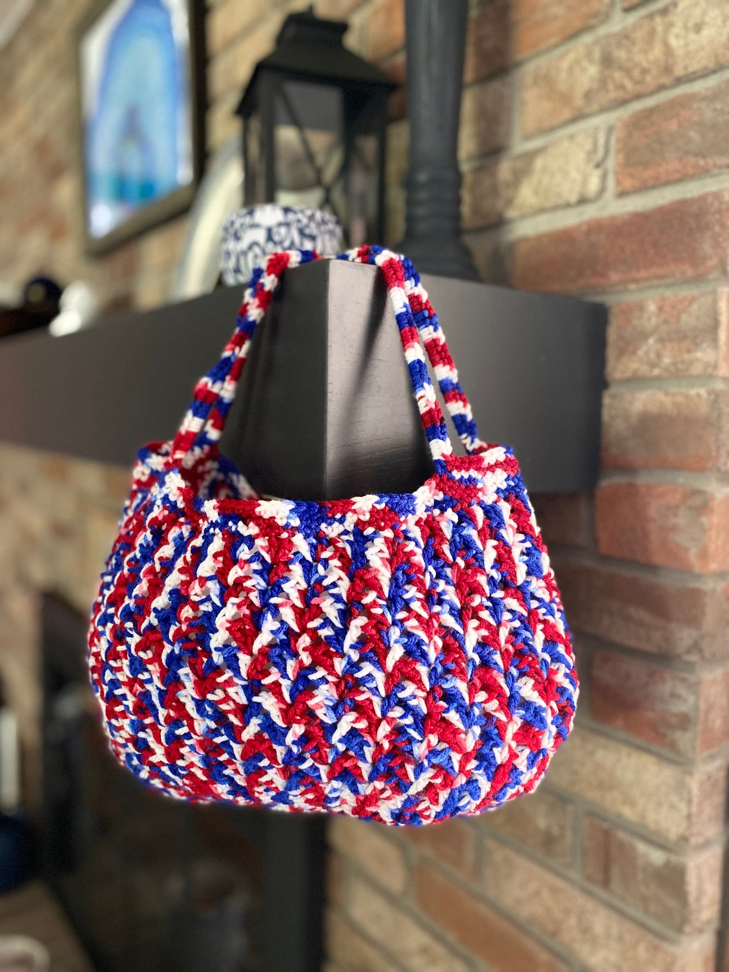 Crocheted Bag: Multi Color (Red, White and Blue)