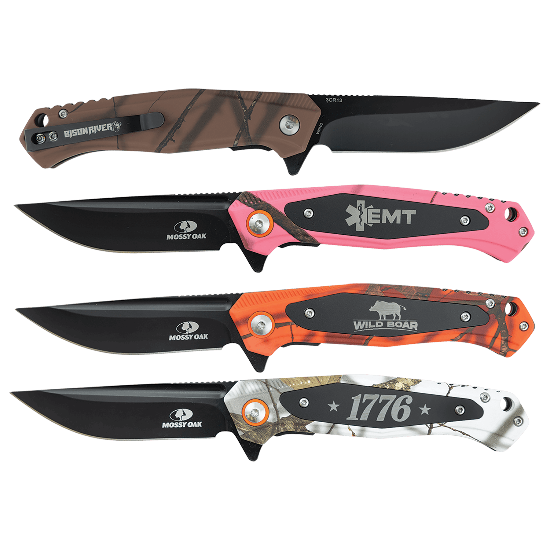 Bison River 4 1/2" Everyday Carry Knife with Laserable Black Anodized Aluminum Plate-Official Mossy Oak Country Roots Camo Pattern