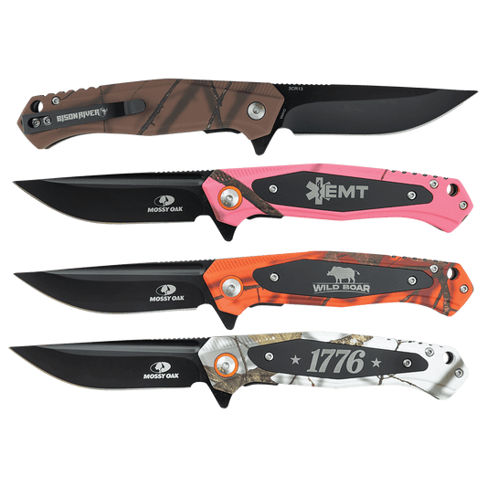 Bison River 4 1/2" Everyday Carry Knife with Laserable Black Anodized Aluminum Plate-Official Mossy Oak Country Roots Camo Pattern
