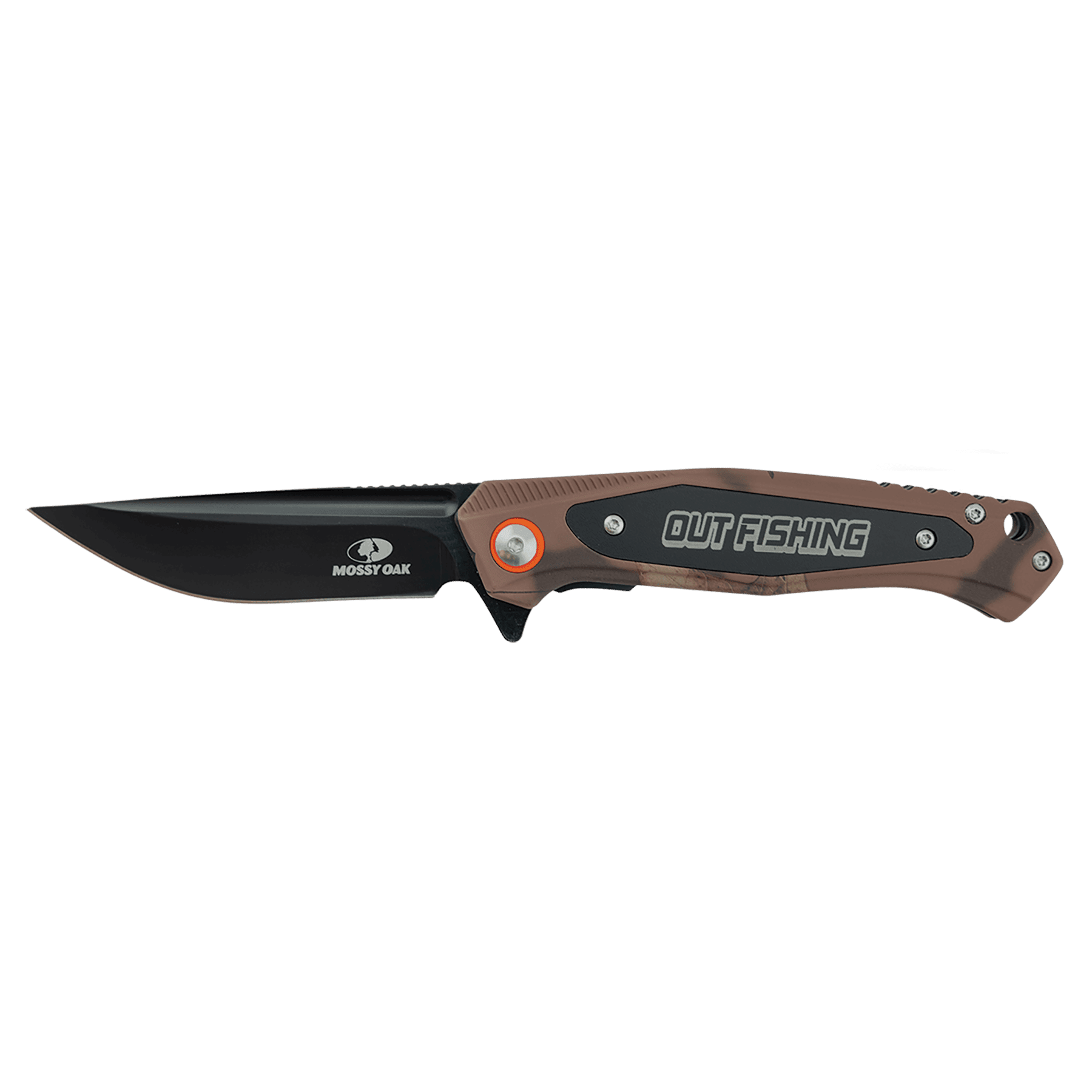 Bison River 4 1/2" Brown Camo Everyday Carry Knife with Laserable Black Anodized Aluminum Plate-Official Mossy Oak Country Roots Camo Pattern