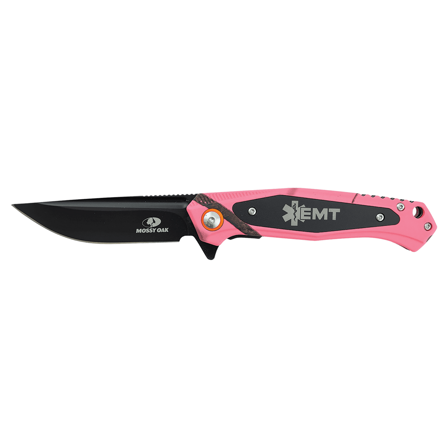 Bison River 4 1/2" Pink Camo Everyday Carry Knife with Laserable Black Anodized Aluminum Plate-Official Mossy Oak Country Roots Camo Pattern