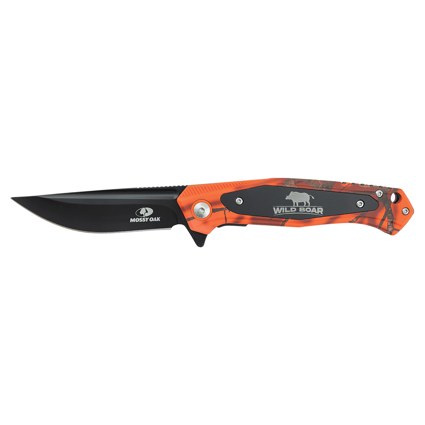 Bison River 4 1/2" Orange Camo Everyday Carry Knife with Laserable Black Anodized Aluminum Plate-Official Mossy Oak Country Roots Camo Pattern