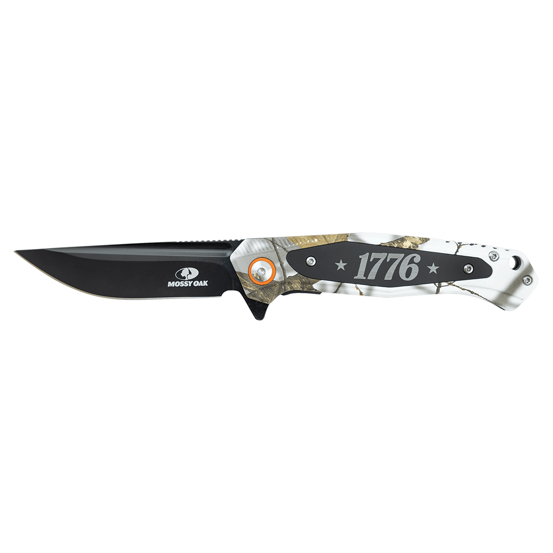 Bison River 4 1/2" White Camo Everyday Carry Knife with Laserable Black Anodized Aluminum Plate-Official Mossy Oak Country Roots Camo Pattern