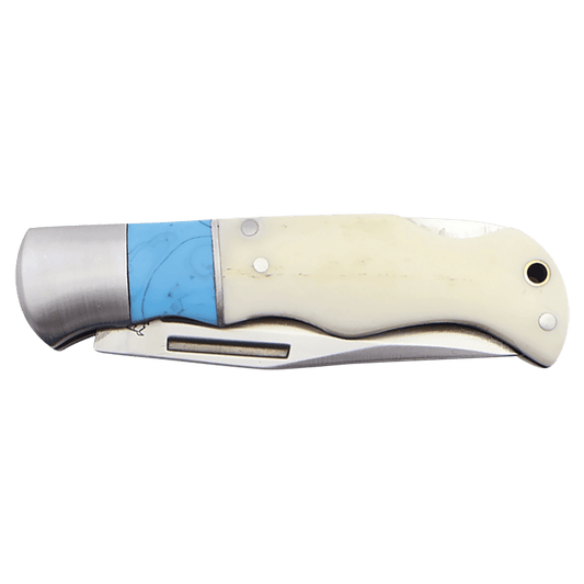 Personalized Bison River 3 1/2" Blue & Bone Folding Knife