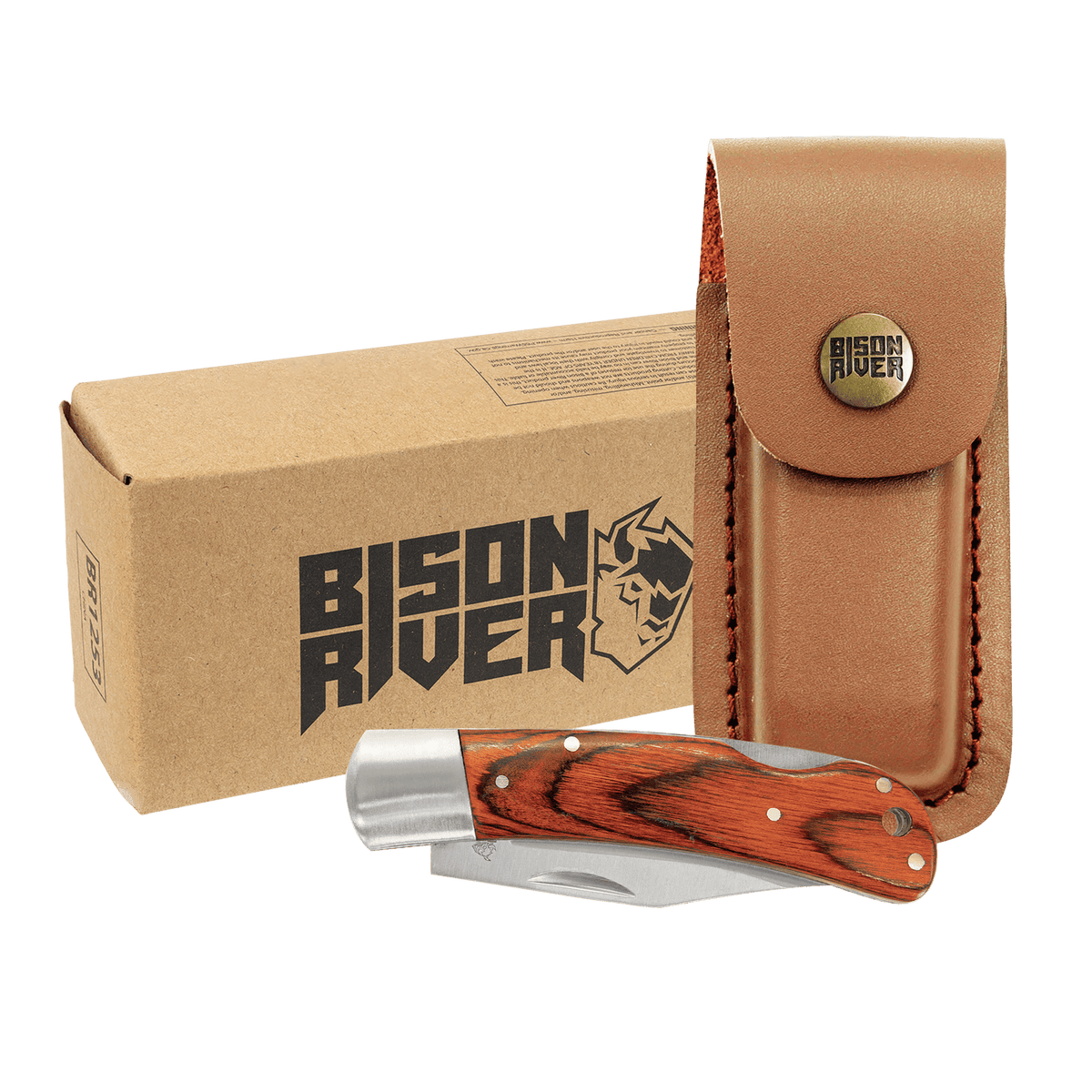Personalized Bison River 4" Wood Folding Knife with Leather Sheath