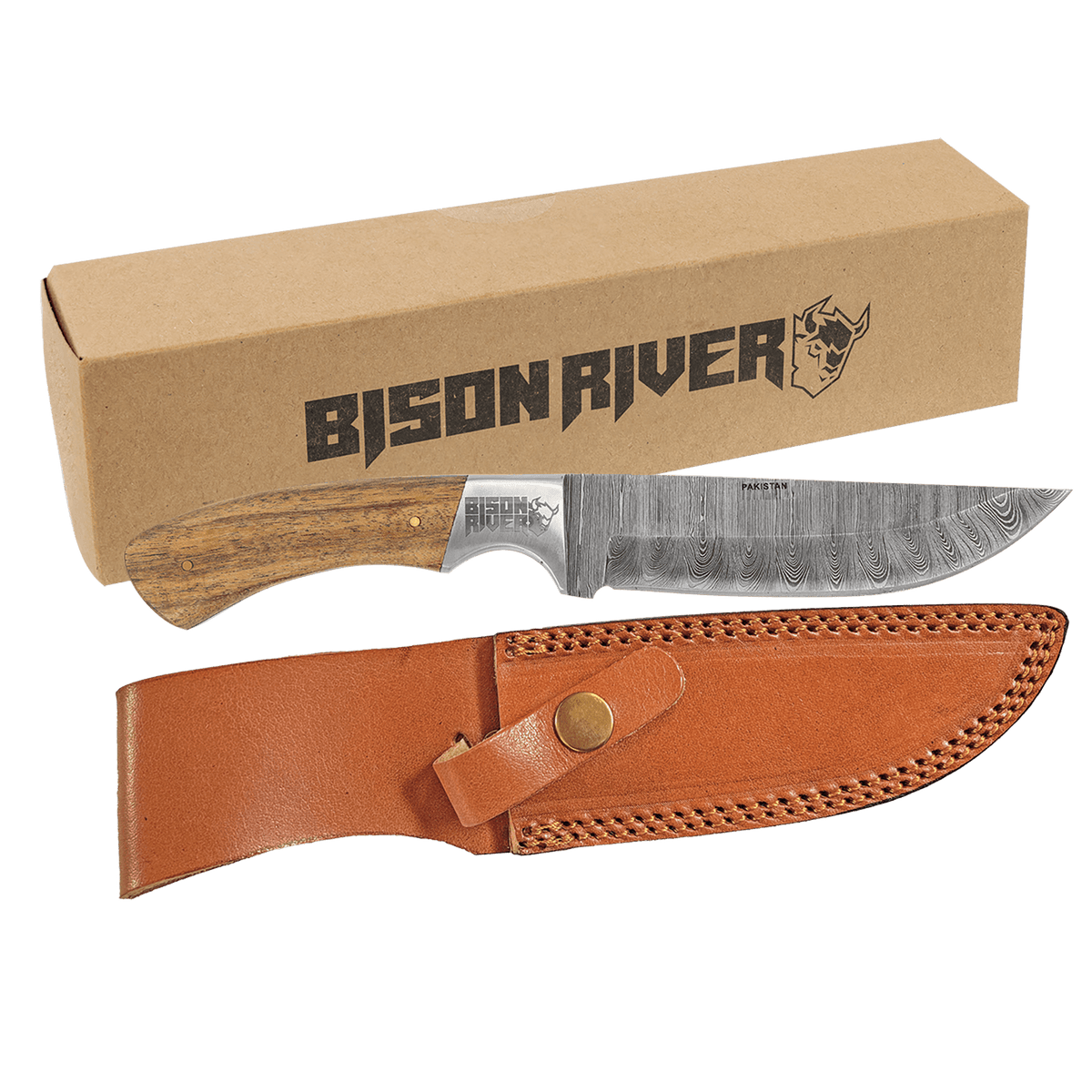 Bison River 9 1/2" Fixed Blade Wood Knife with Damascus Steel Blade