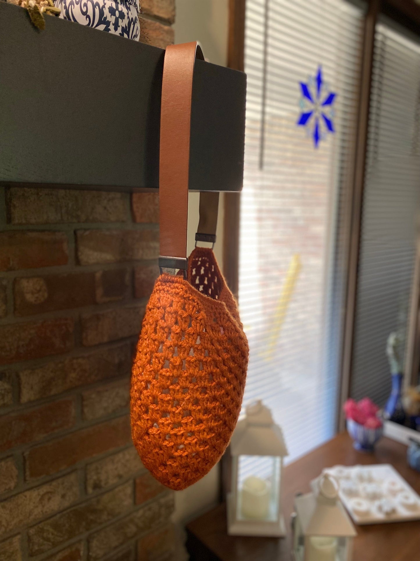 Burt Orange Crocheted Bag with Leather Strap