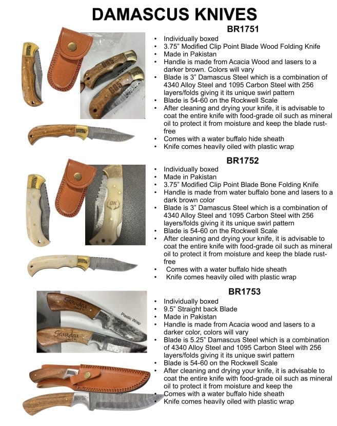 Bison River 3-3/4" Wood Folding Knife with Damascus Steel Blade and Leather Sheath