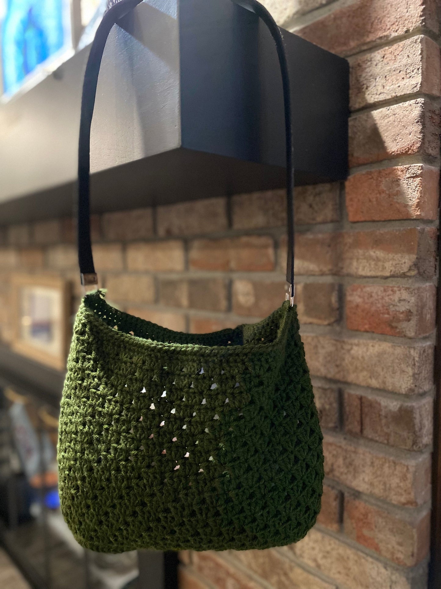 Dark Olive Green Crocheted Bag with Faux Leather Strap