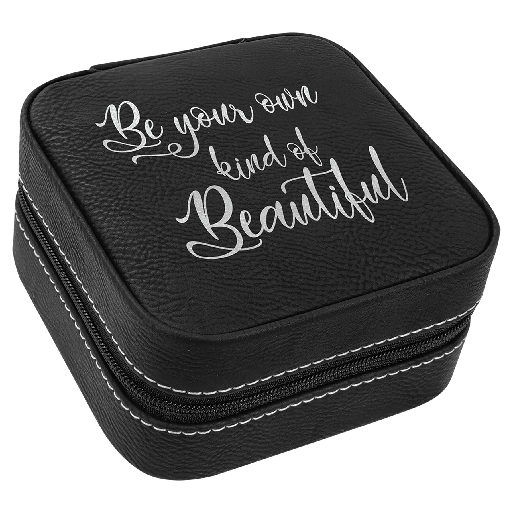 4" x 4" Black/Silver Laserable Leatherette Travel Jewelry Box with Tan Lining
