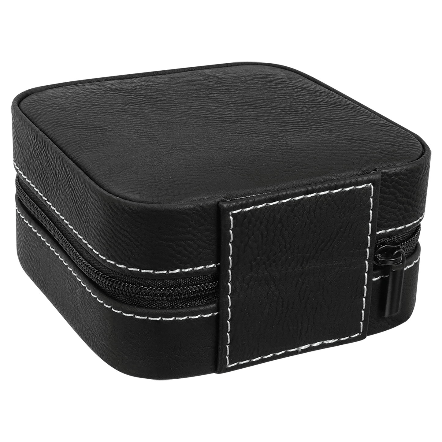 4" x 4" Black/Silver Laserable Leatherette Travel Jewelry Box with Tan Lining