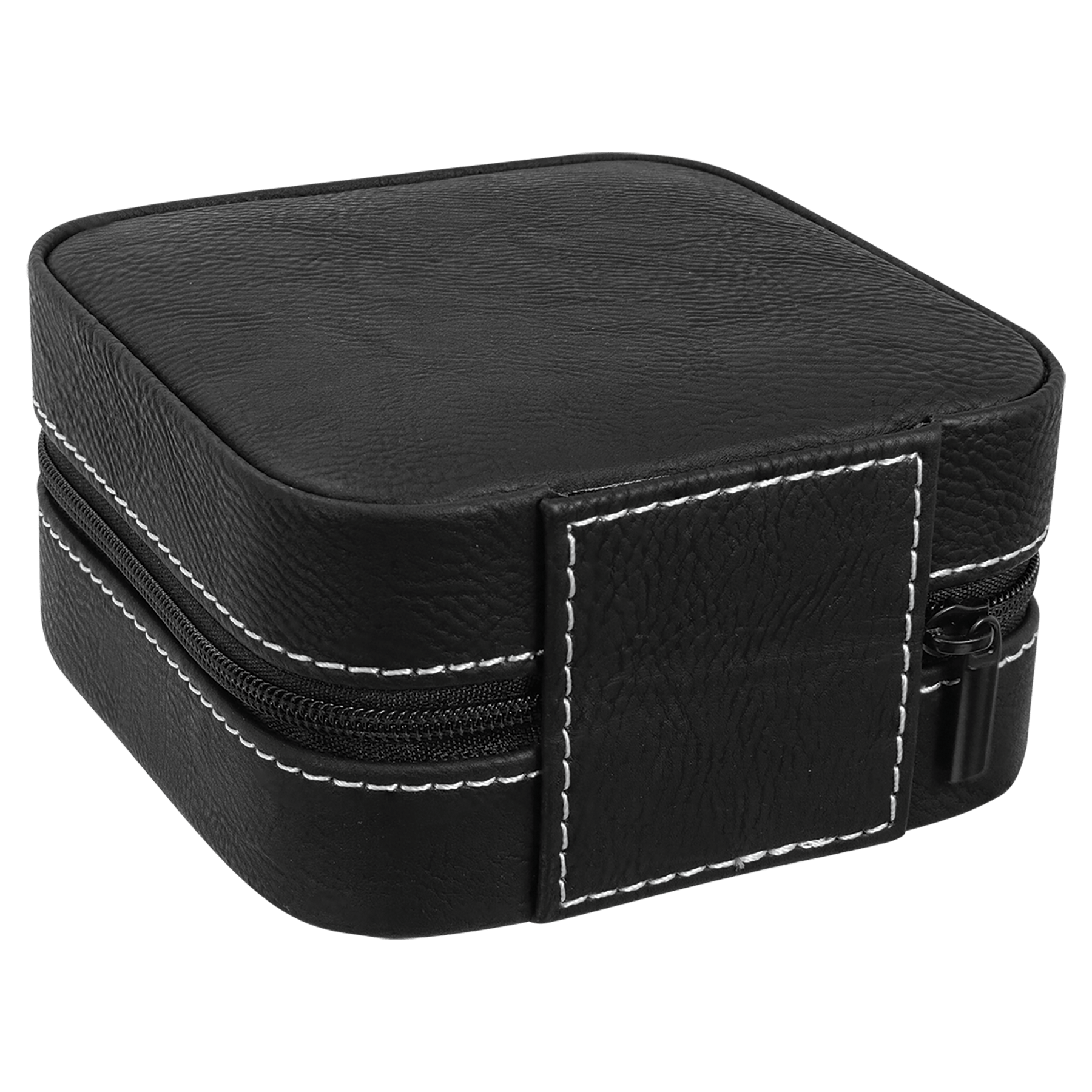 4" x 4" Black/Silver Laserable Leatherette Travel Jewelry Box with Tan Lining