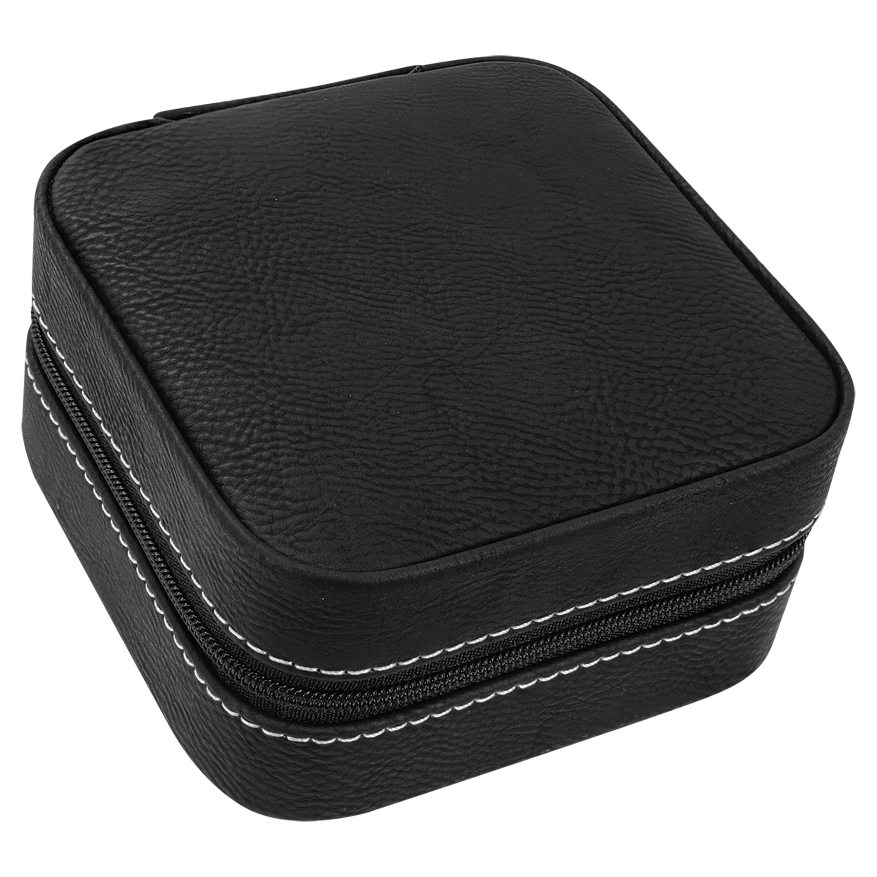 4" x 4" Black/Silver Laserable Leatherette Travel Jewelry Box with Tan Lining