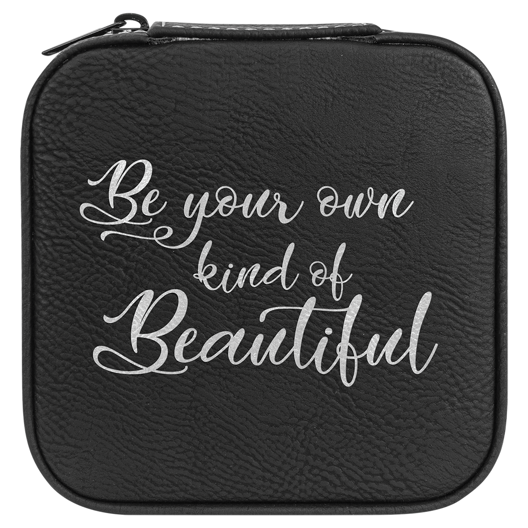 4" x 4" Black/Silver Laserable Leatherette Travel Jewelry Box with Tan Lining