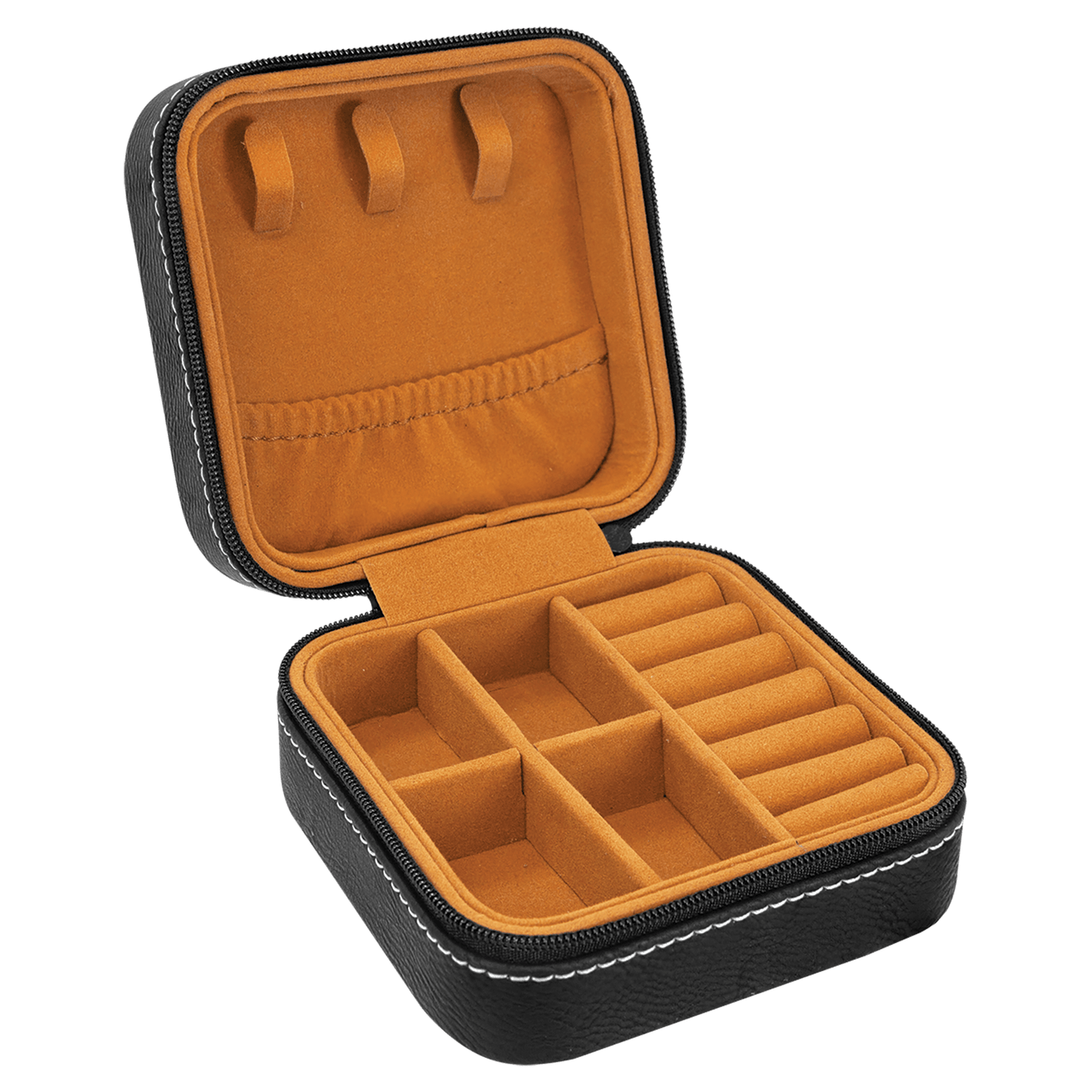 4" x 4" Black/Silver Laserable Leatherette Travel Jewelry Box with Tan Lining