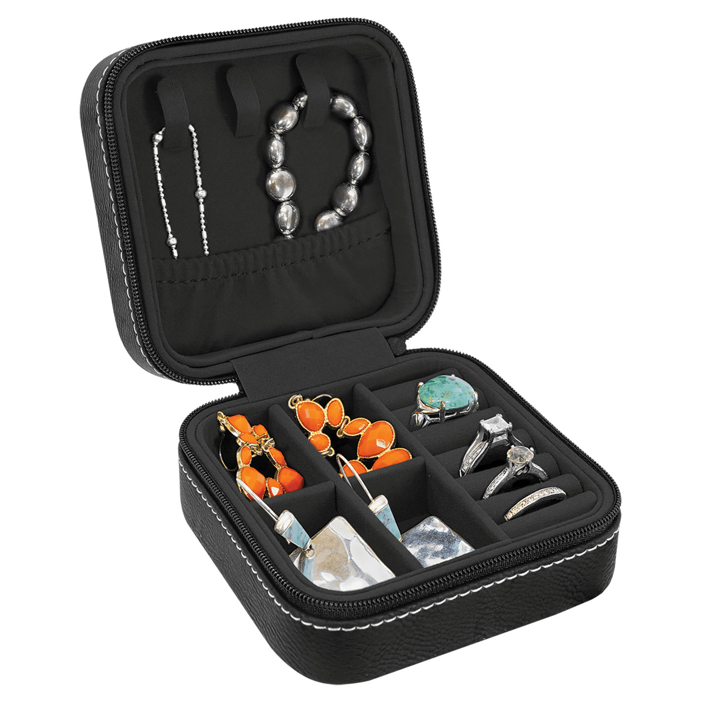 EngraveElite Vegan Leather Travel Jewelry Box - Black, Black|Silver