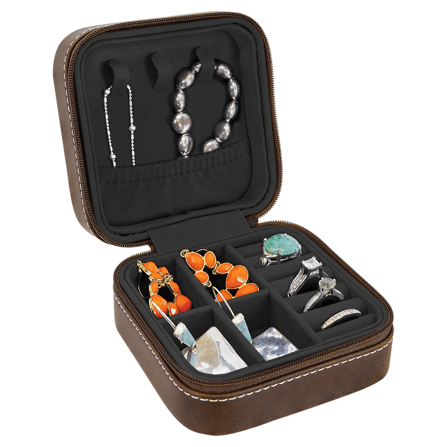 EngraveElite Vegan Leather Travel Jewelry Box - Black, Rustic|Silver