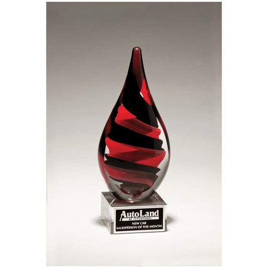 Black & Red Helix Art Glass Award – 8” Teardrop on Clear Base