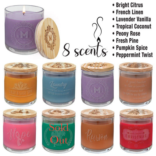 14 oz Scented Soy Candle – Custom Engraved Wood Lid