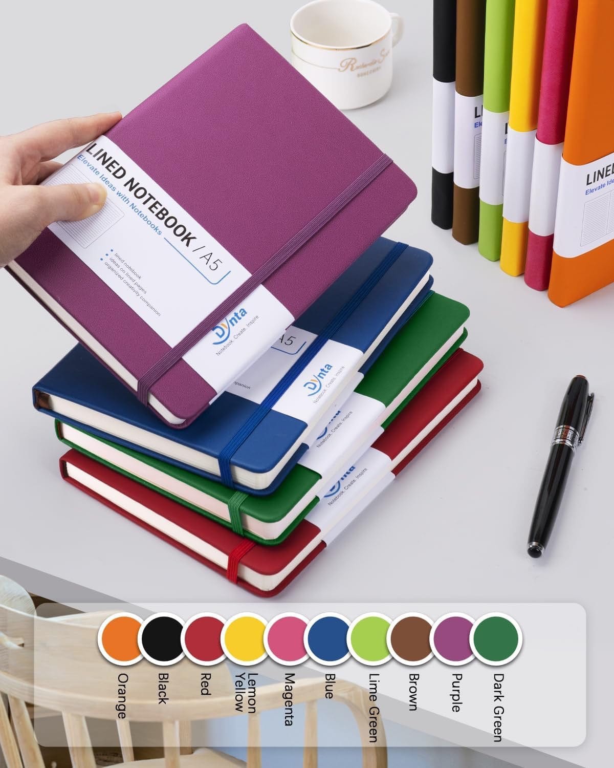 Vibrant A5 Hardcover Lined Journal – Vegan Leather Notebook w/ Elastic & Pocket