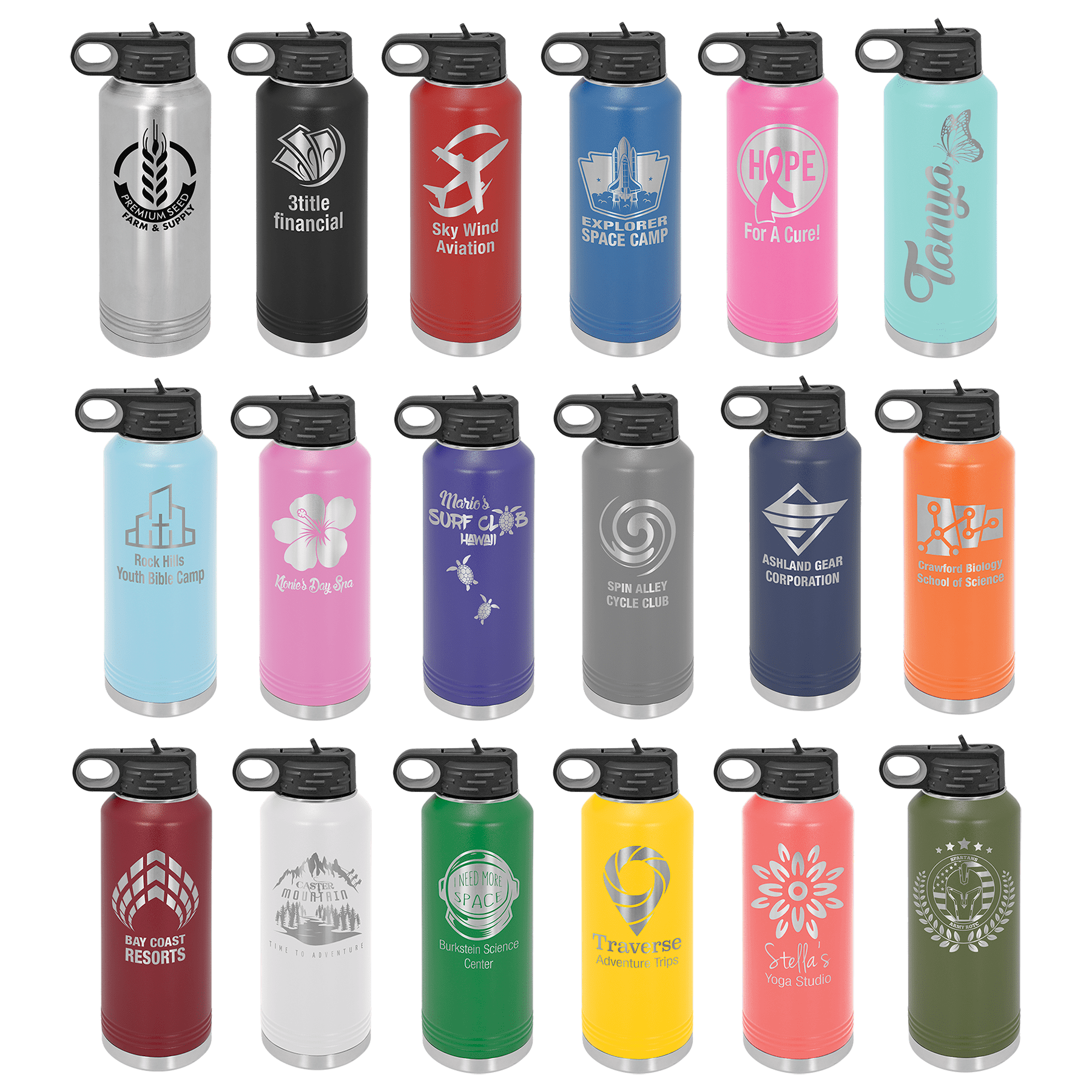 Collection of personalized water bottles with various designs and colors on a green background