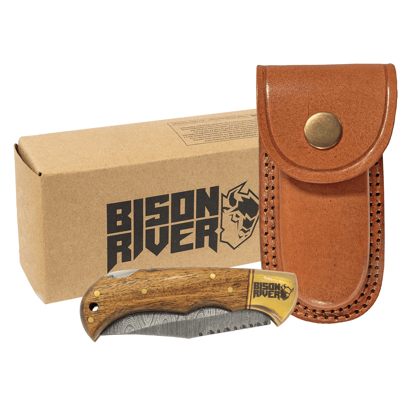 Bison River 3-3/4" Wood Folding Knife with Damascus Steel Blade and Leather Sheath