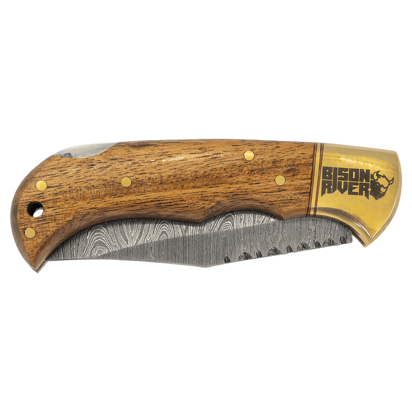Bison River 3-3/4" Wood Folding Knife with Damascus Steel Blade and Leather Sheath