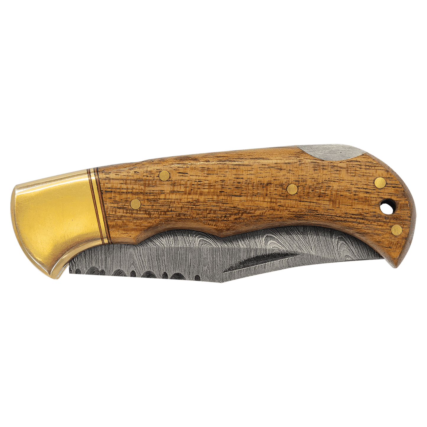 Bison River 3-3/4" Wood Folding Knife with Damascus Steel Blade and Leather Sheath