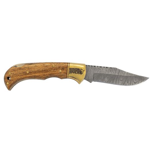 Bison River 3-3/4" Wood Folding Knife with Damascus Steel Blade and Leather Sheath