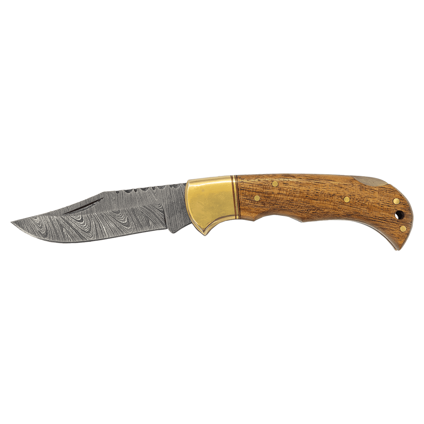 Bison River 3-3/4" Wood Folding Knife with Damascus Steel Blade and Leather Sheath
