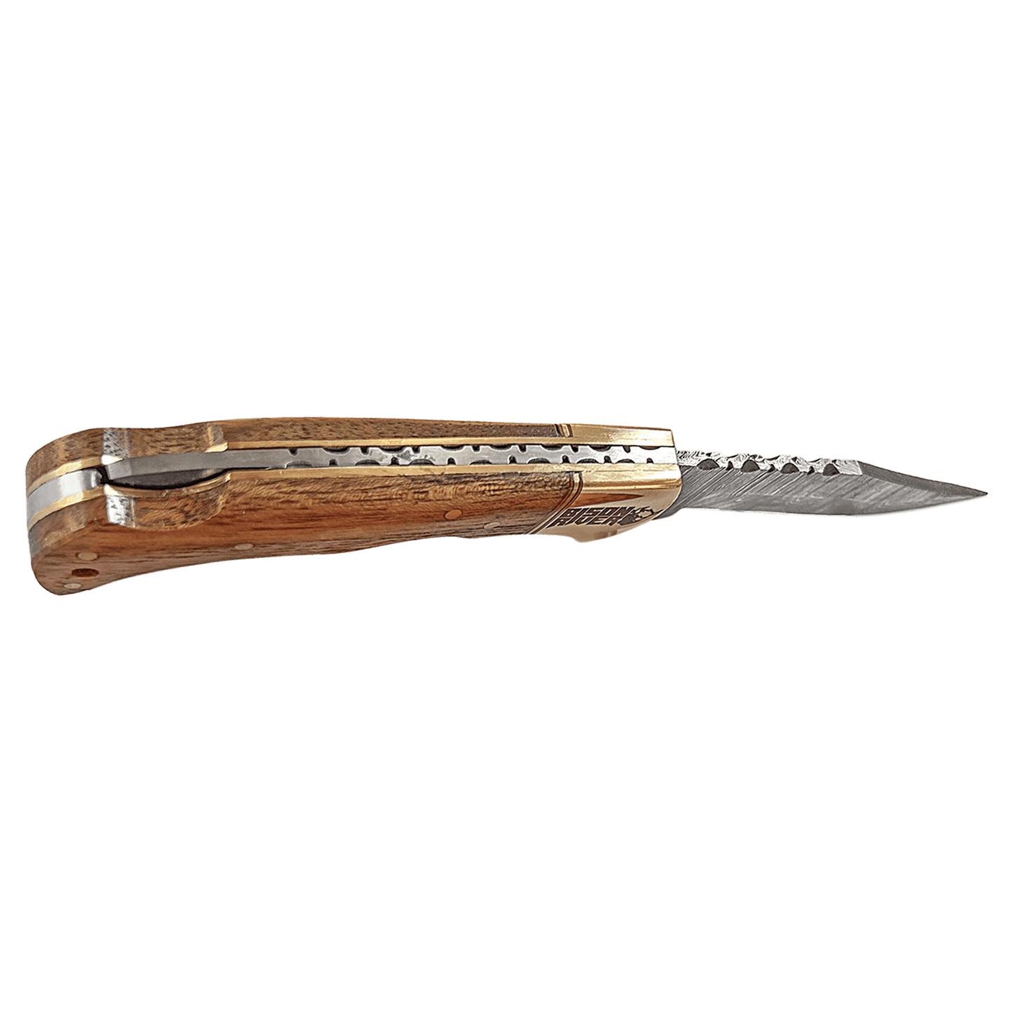 Bison River 3-3/4" Wood Folding Knife with Damascus Steel Blade and Leather Sheath