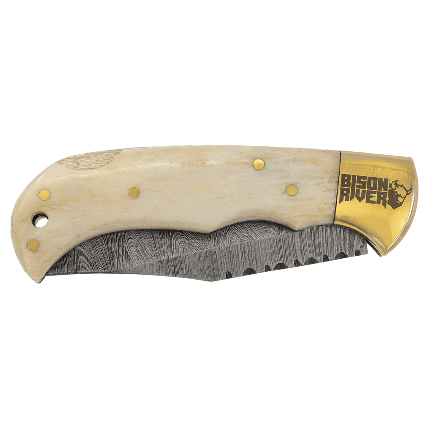 Bison River 3-3/4" Bone Folding Knife with Damascus Steel Blade and Leather Sheath