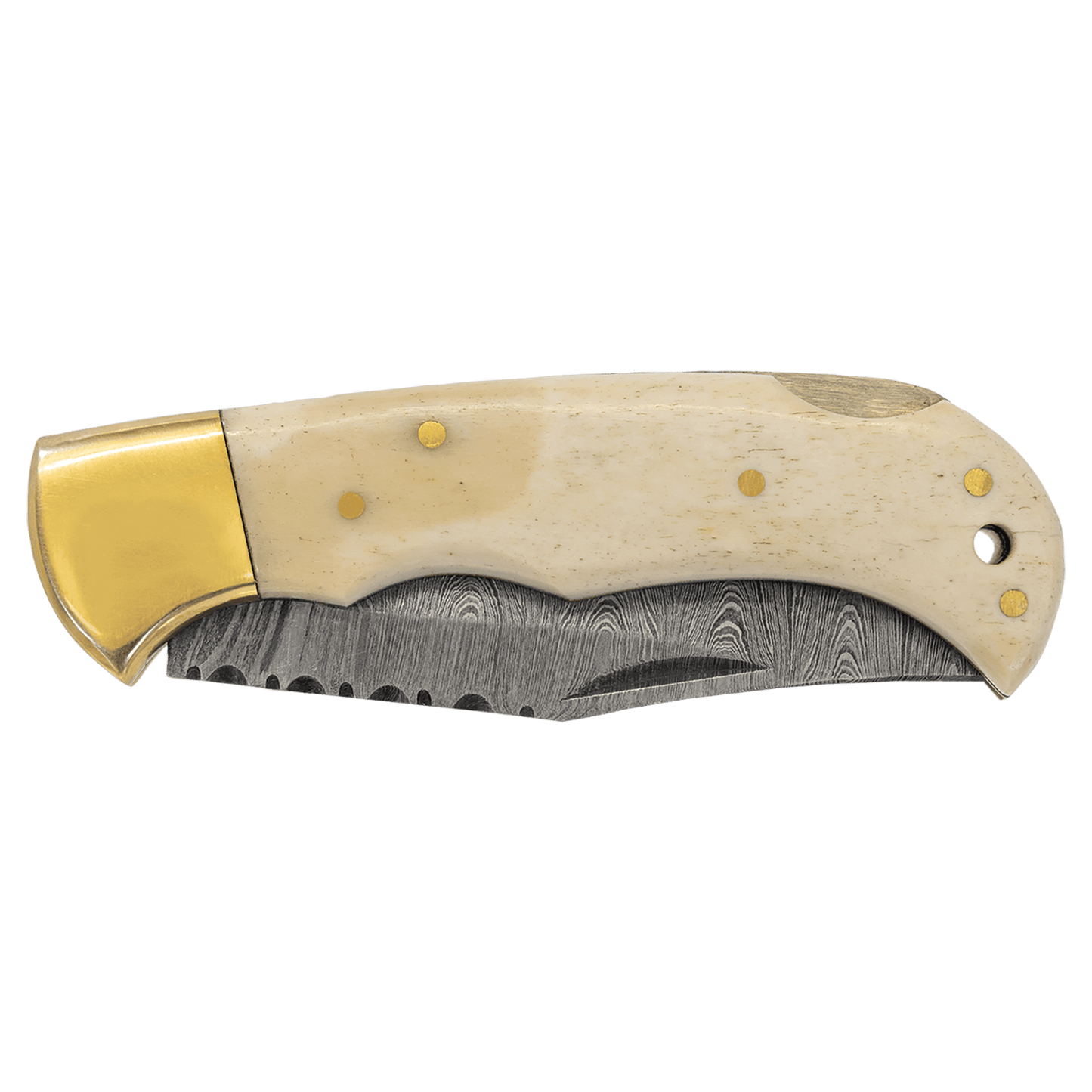 Bison River 3-3/4" Bone Folding Knife with Damascus Steel Blade and Leather Sheath