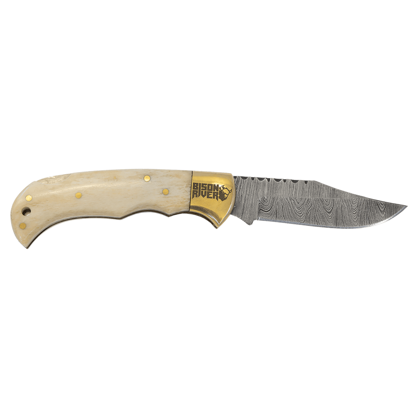 Bison River 3-3/4" Bone Folding Knife with Damascus Steel Blade and Leather Sheath