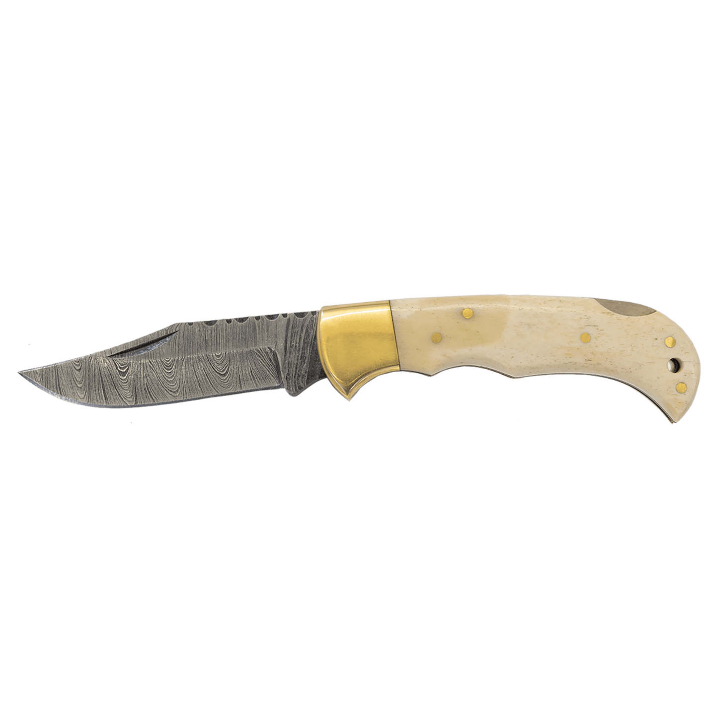 Bison River 3-3/4" Bone Folding Knife with Damascus Steel Blade and Leather Sheath