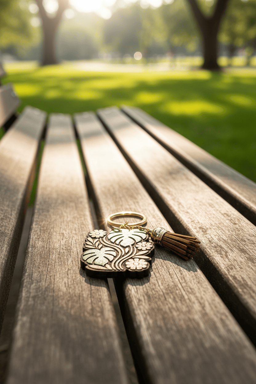 Hand-painted floral oak wood keychain with deep laser engraving and decorative tassel.
