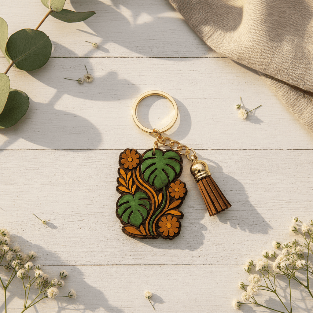 Hand-Painted Floral Oak Wood Keychain with Tassel