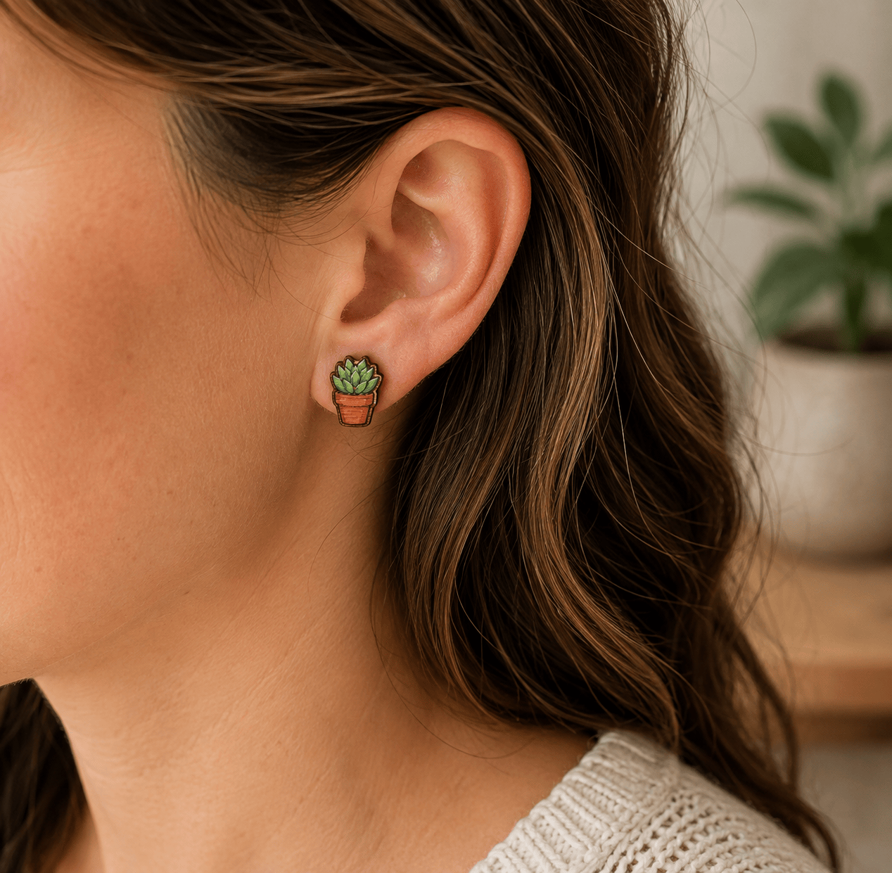Hand-Painted Potted Succulent Maple Stud Earrings